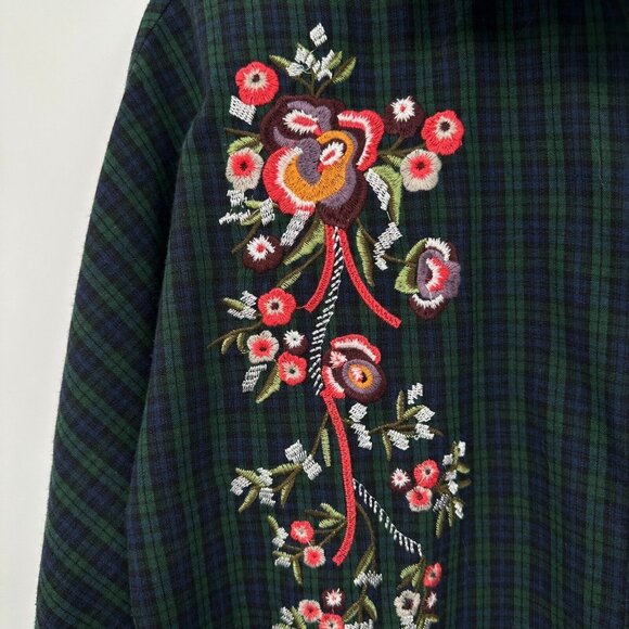Few Moda Top Shirt Blouse Size Small Embroidered Blue Plaid Floral Long Sleeve - Picture 5 of 9
